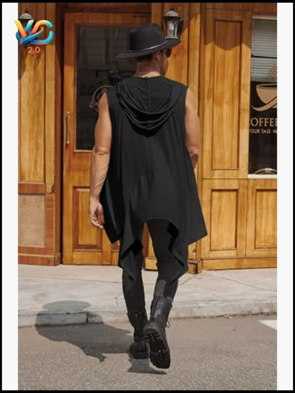 Men's Long Hooded Cardigan Sleeveless Ruffle Shawl Collar Lightweight Open